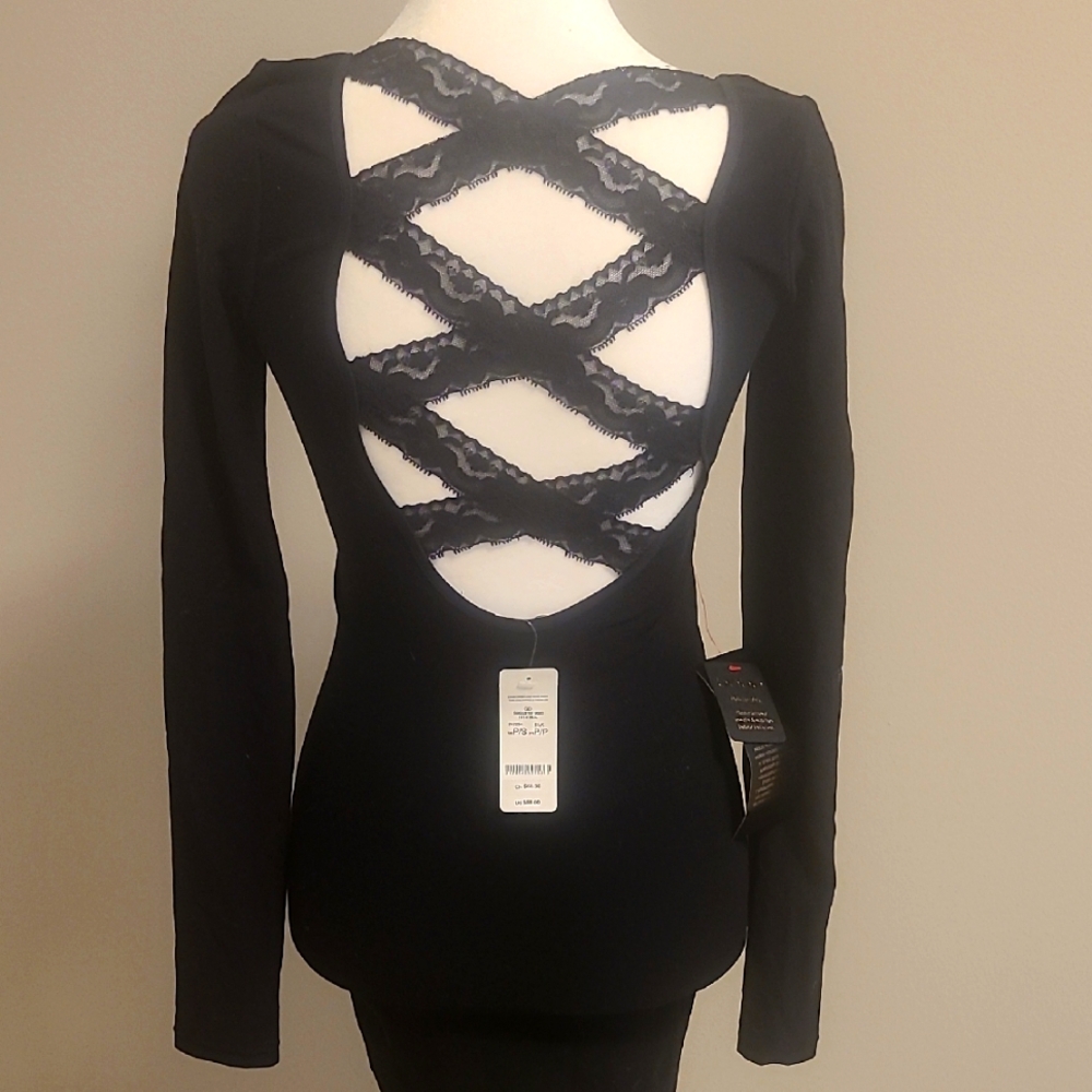 NWT Bebe Black Backless Lace Cross Bodycon Dress